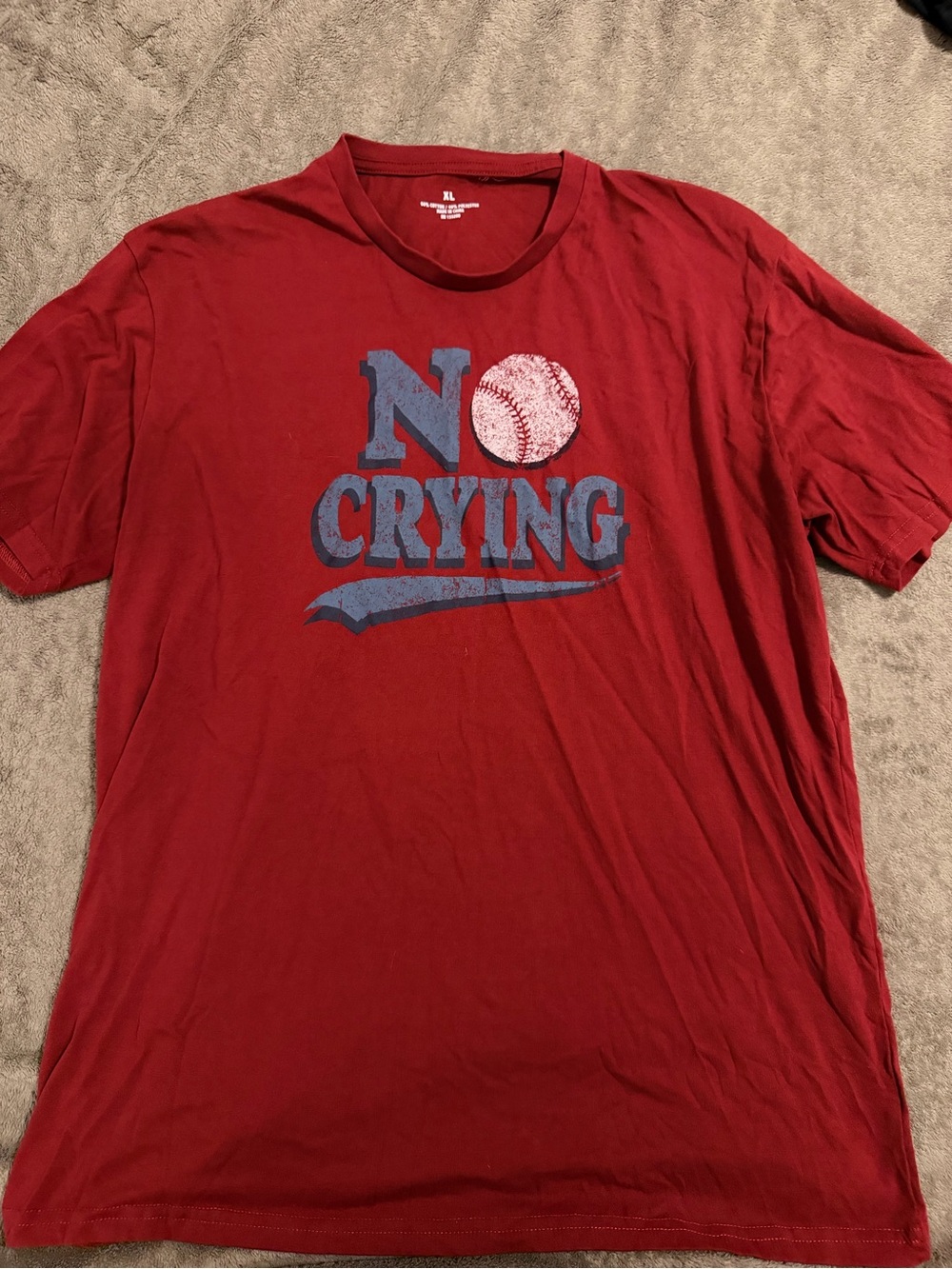 No Crying Red Graphic Tee - Men’s Casual Baseball Shirt
